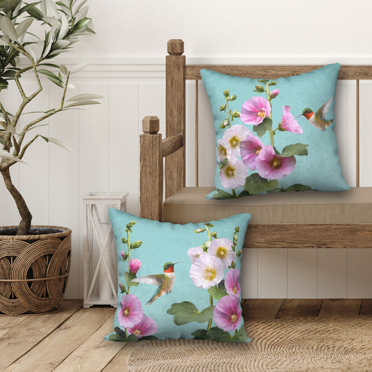 Set of 2 Hummingbird & Hollyhocks Designer Pillows, 18"x18"