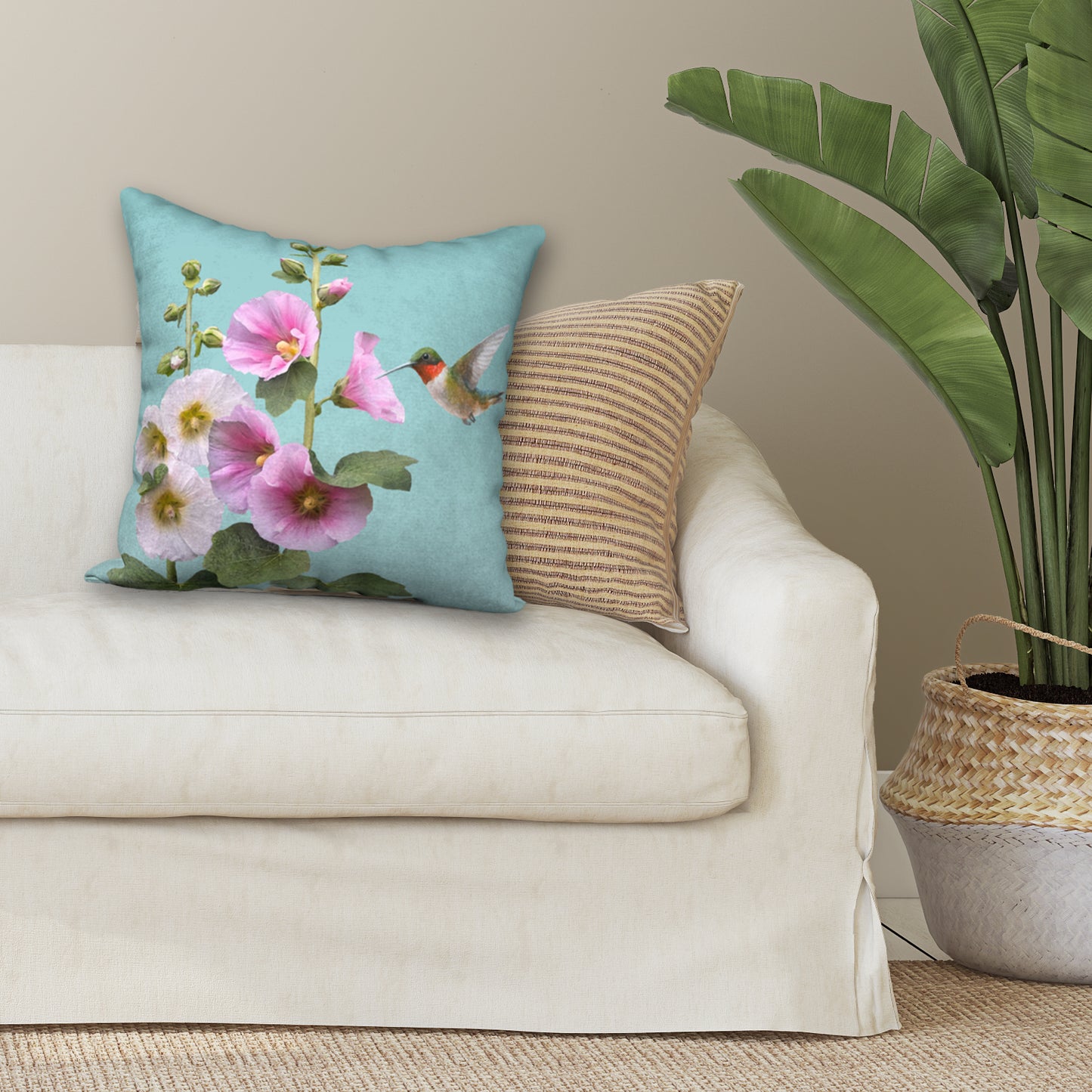 Hummingbirds & Hollyhocks Designer Pillow, 18"x18"