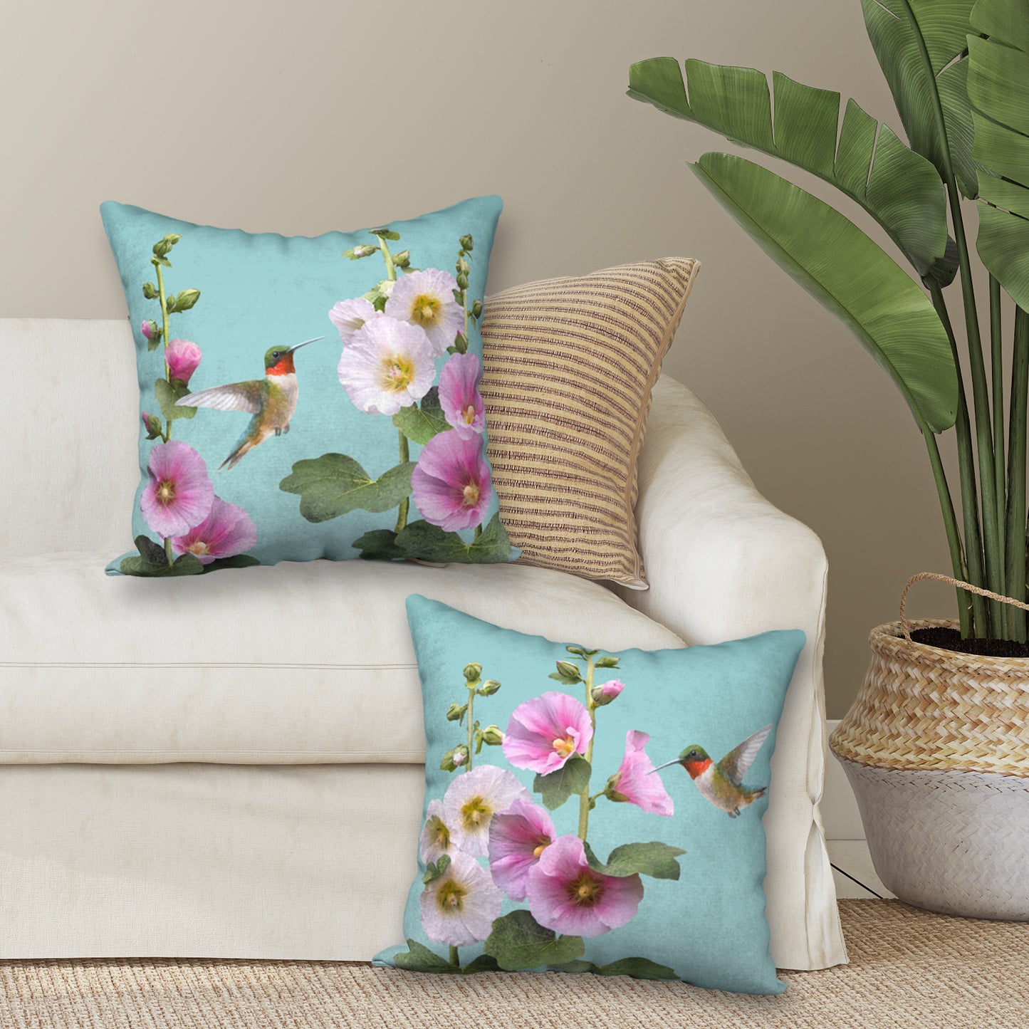 Set of 2 Hummingbird & Hollyhocks Designer Pillows, 18"x18"