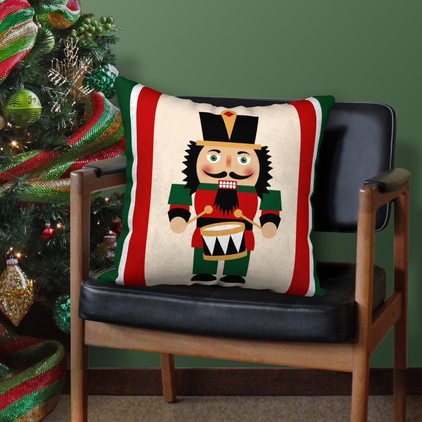 Nutcracker Drummer Designer Holiday Pillow, 18"x18"