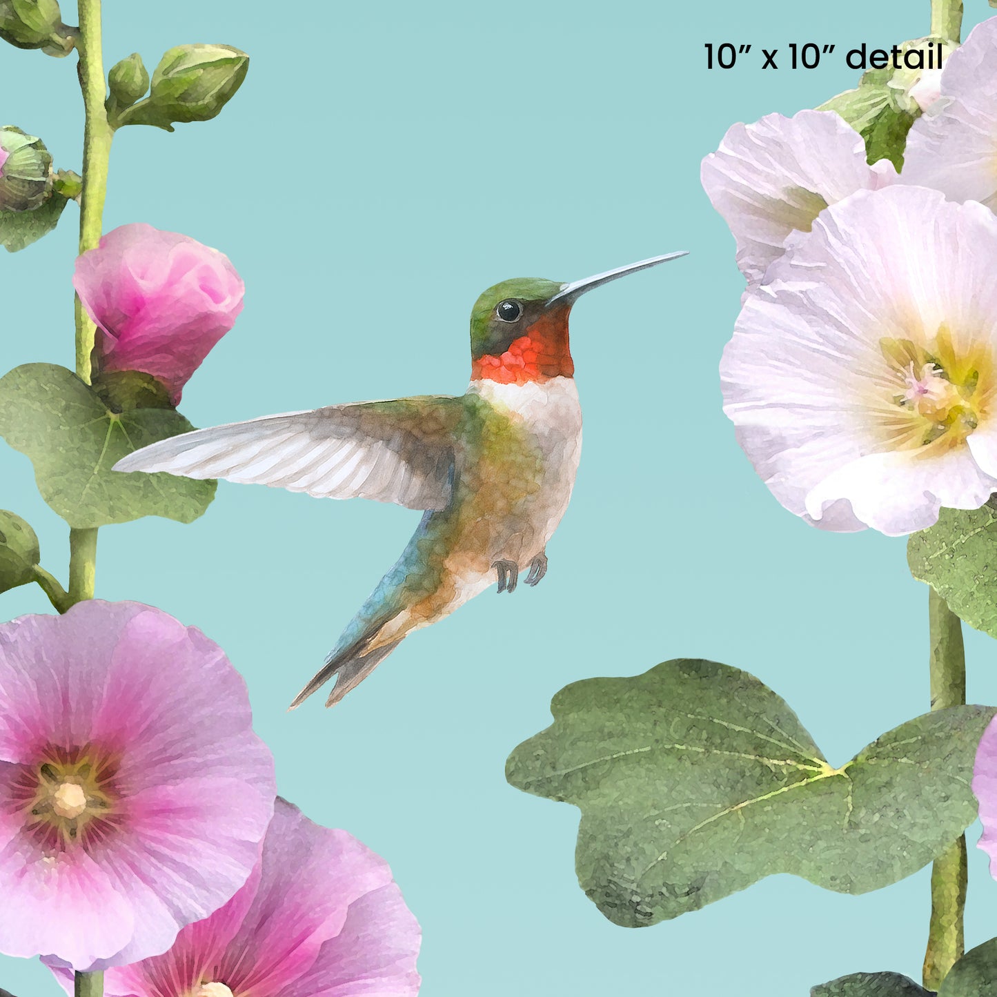 Set of 2 Hummingbird & Hollyhocks Designer Pillows, 18"x18"
