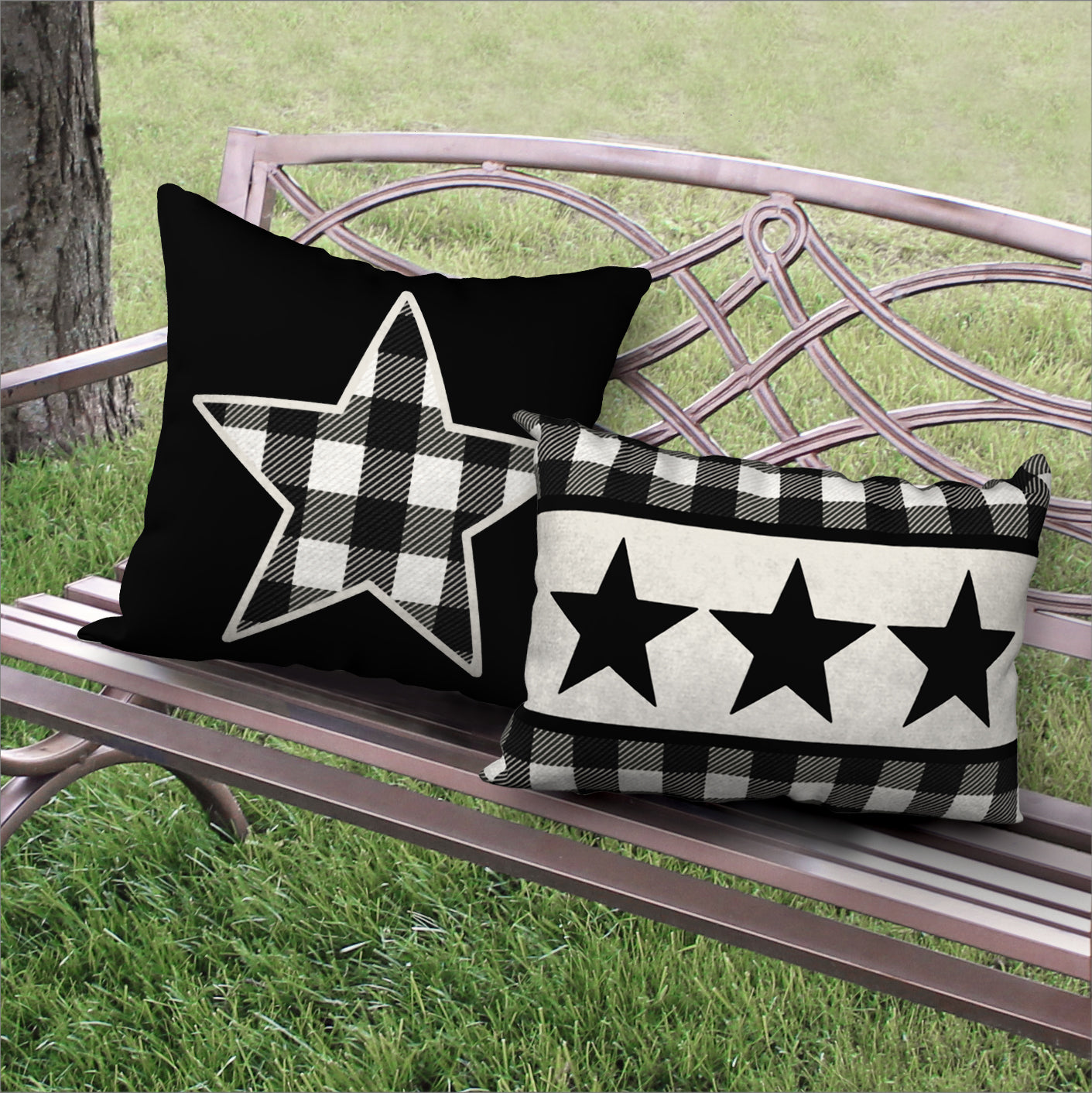Set of 2 Black & White Buffalo Plaid with Stars Designer Pillows, 20"x14" and 18"x18"
