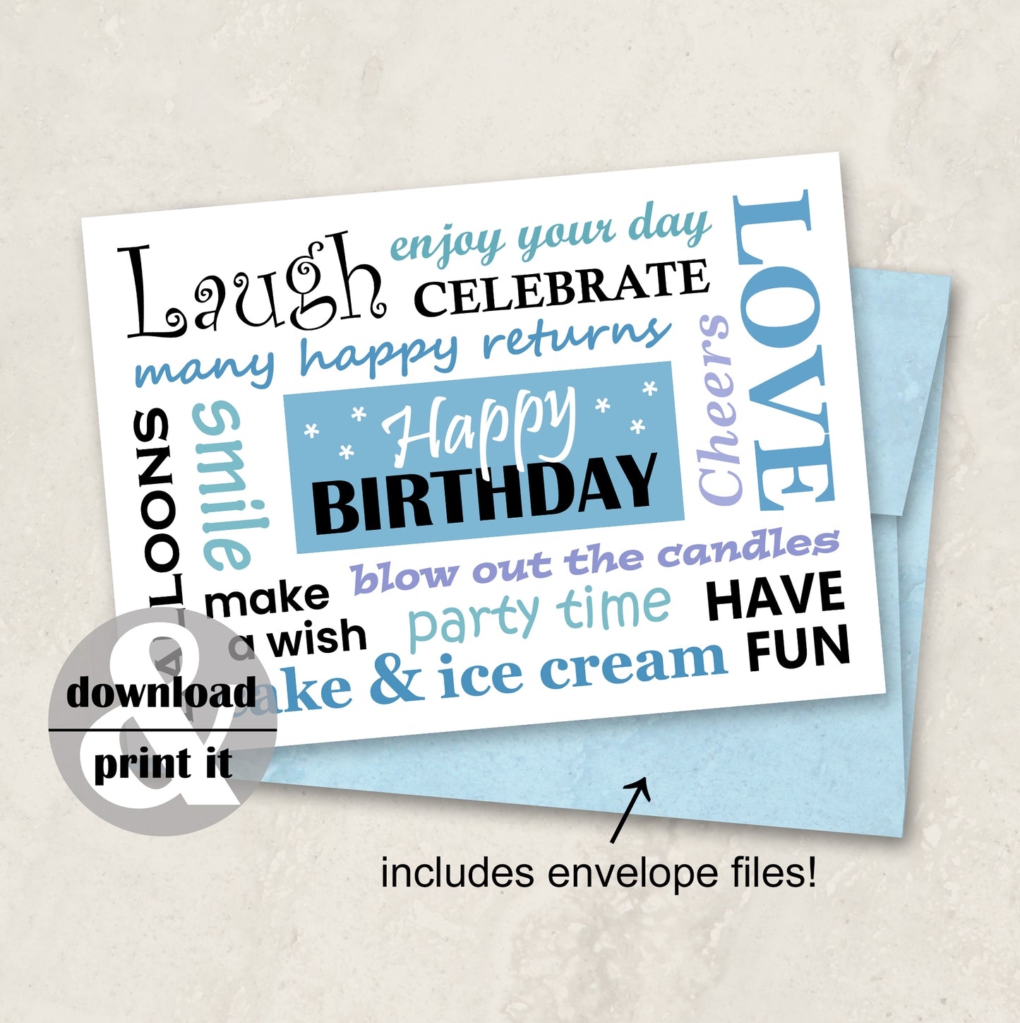 Printable Birthday Card in Blue, Instant Download with Envelope Files