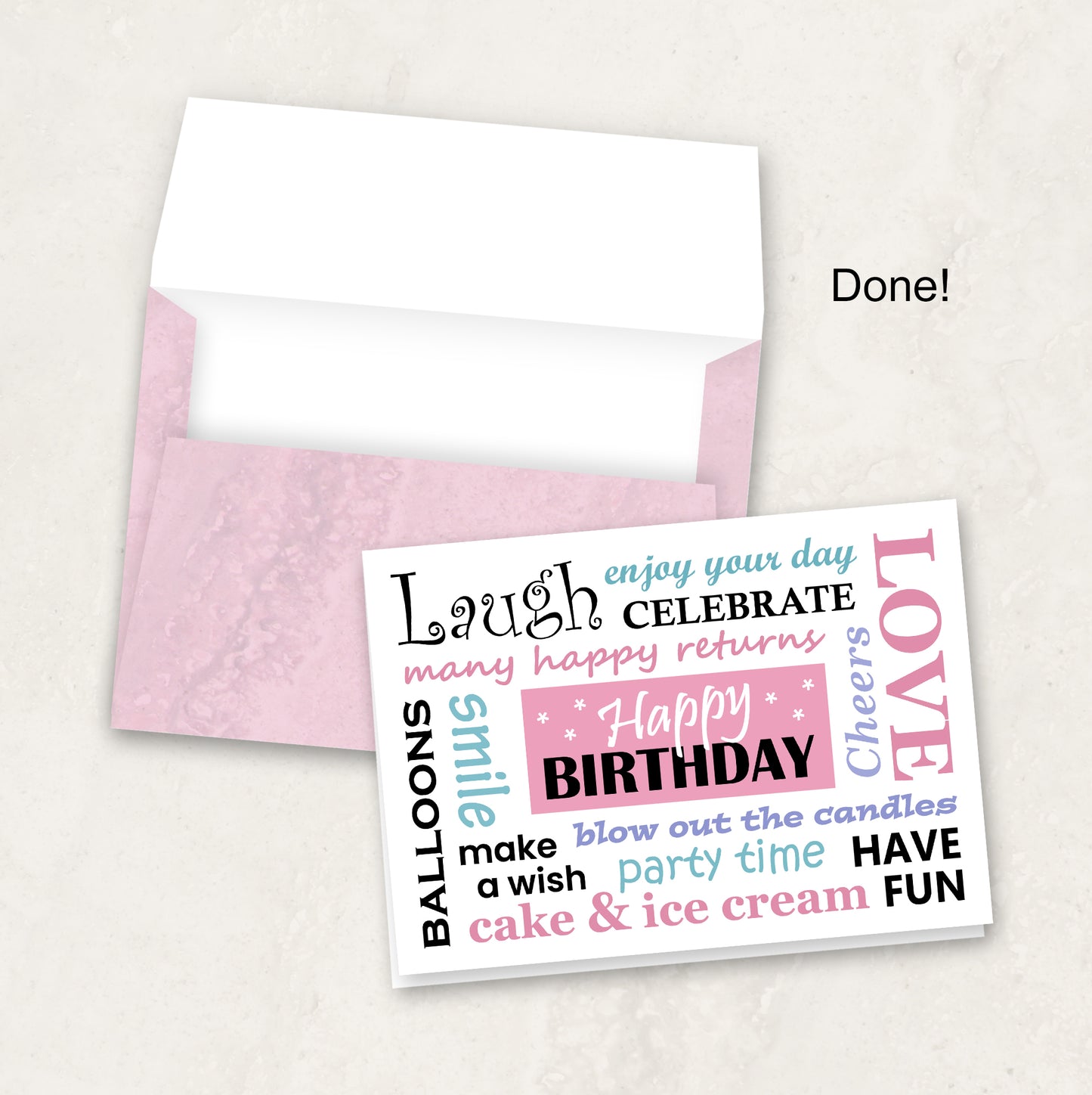 Printable Birthday Card in Pink, Instant Download with Envelope Files