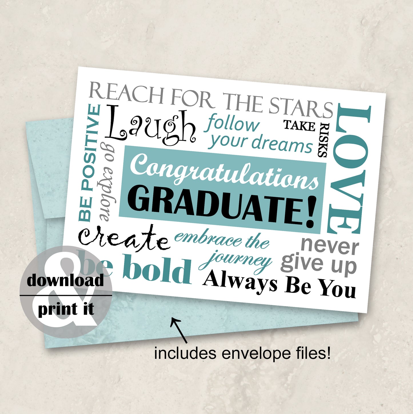 Printable Graduation Card Instant Download 5" x 7" Card Including 2 DIY Envelope Files