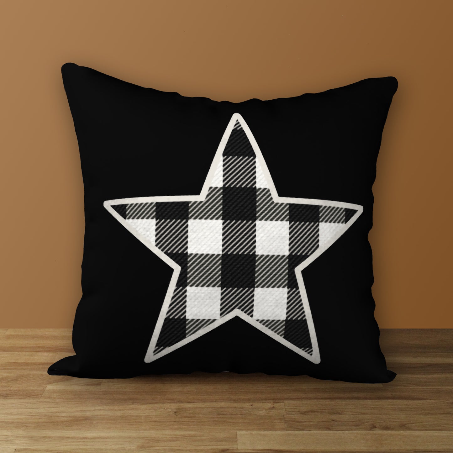 Black & White Buffalo Plaid Star Designer Pillow, 18"x18"