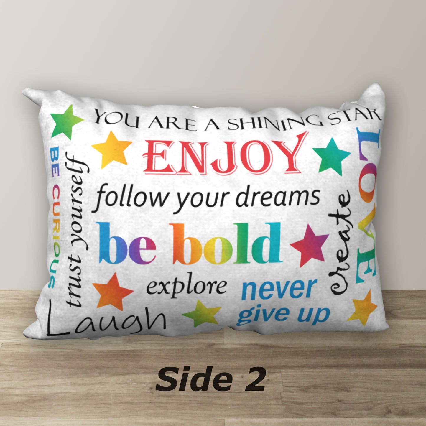 Personalized Primary Rainbow Name Pillow REACH FOR THE STARS, 20"x14"