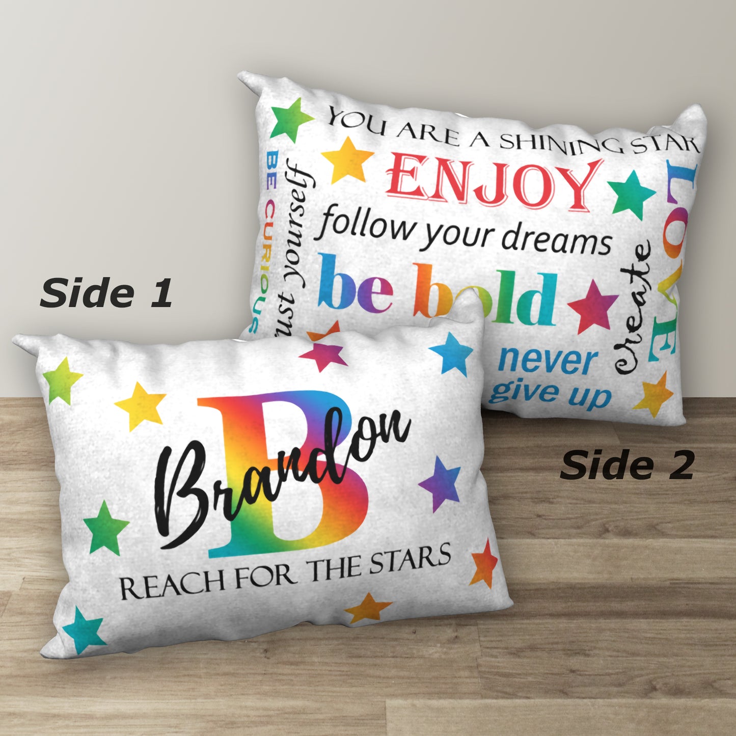 Personalized Primary Rainbow Name Pillow REACH FOR THE STARS, 20"x14"
