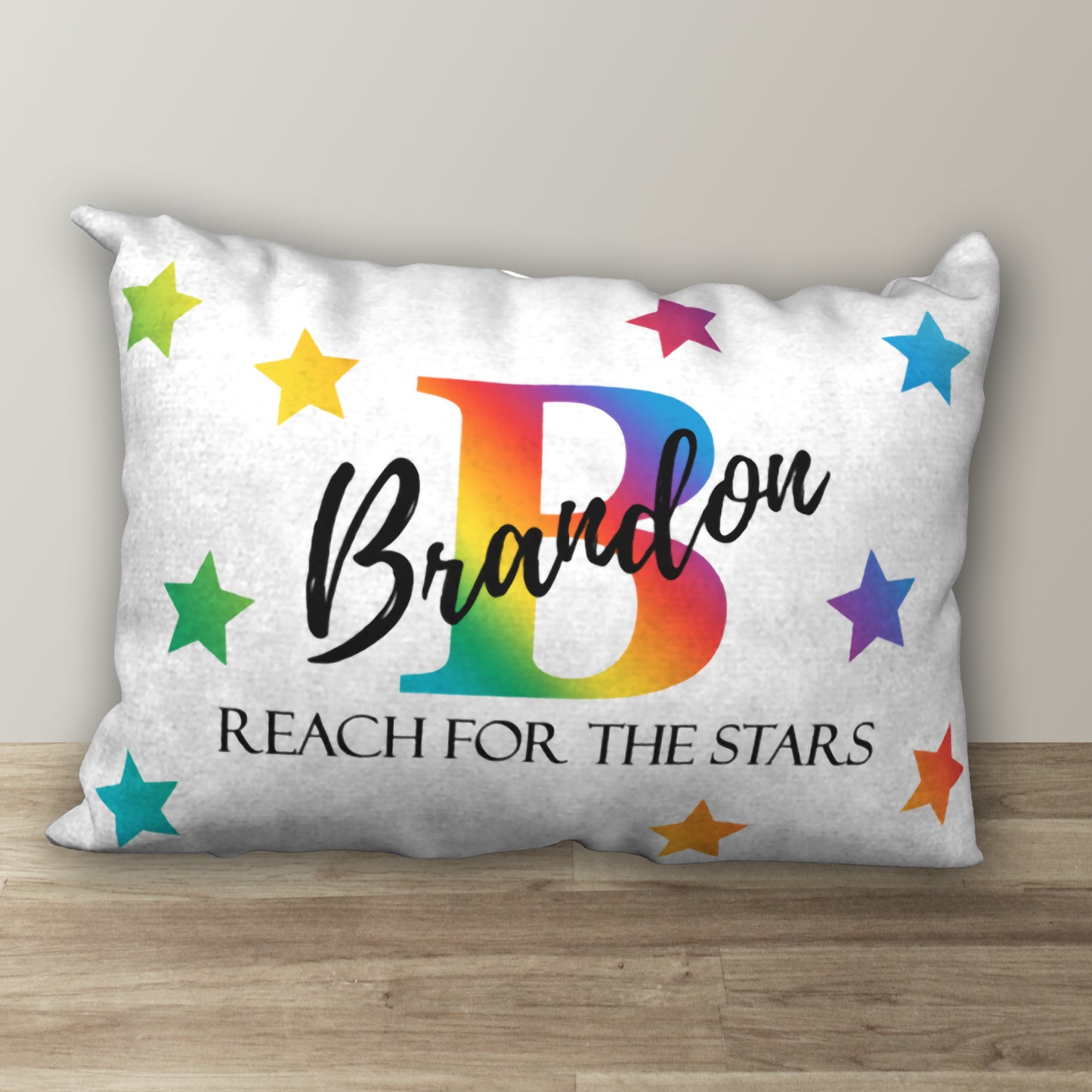 Personalized Primary Rainbow Name Pillow REACH FOR THE STARS, 20"x14"
