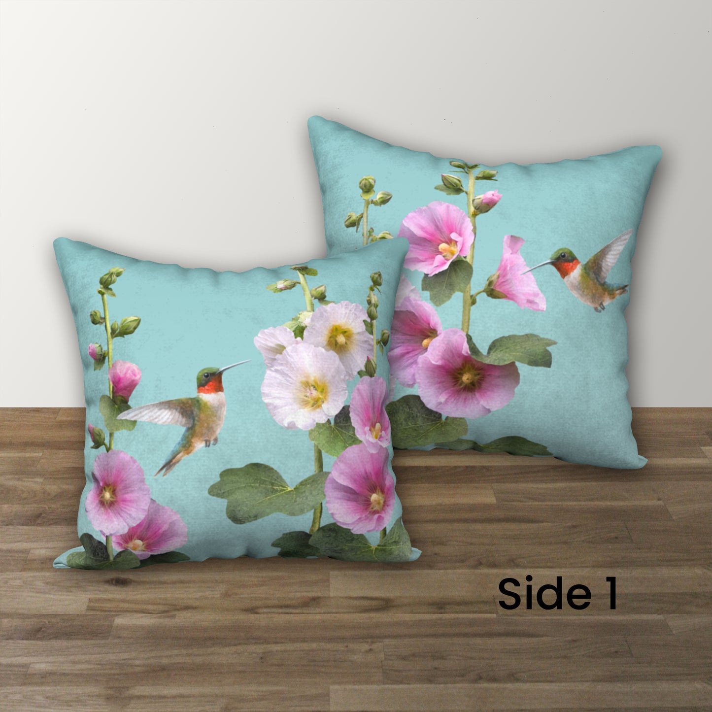 Set of 2 Hummingbird & Hollyhocks Designer Pillows, 18"x18"