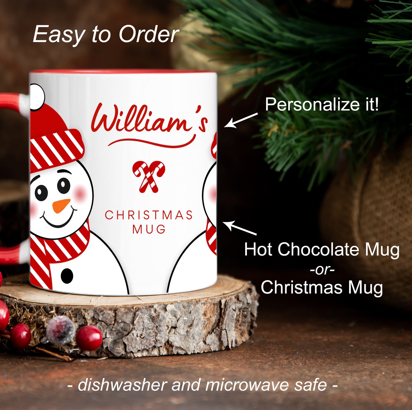 Personalized Red Hat Snowman Christmas Mug