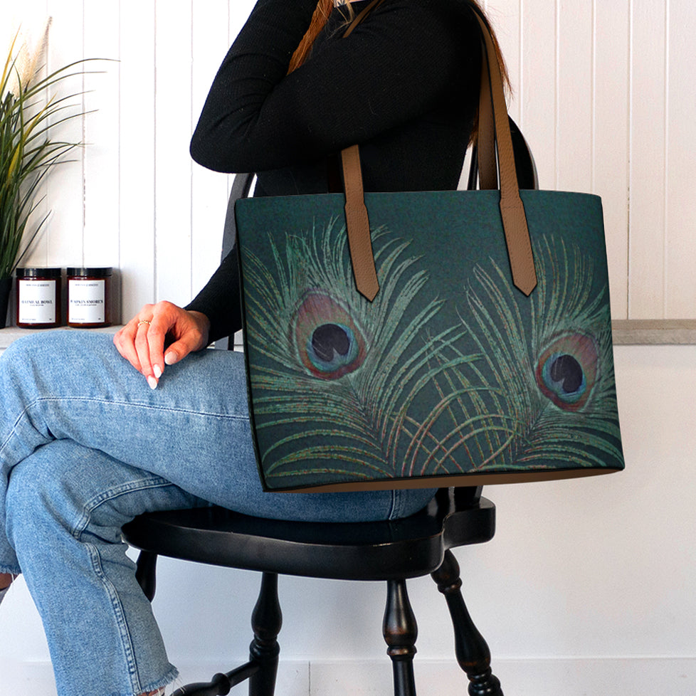 Peacock Feather Vegan Leather Tote Bag