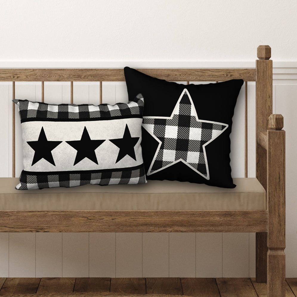 Set of 2 Black & White Buffalo Plaid with Stars Designer Pillows, 20"x14" and 18"x18"