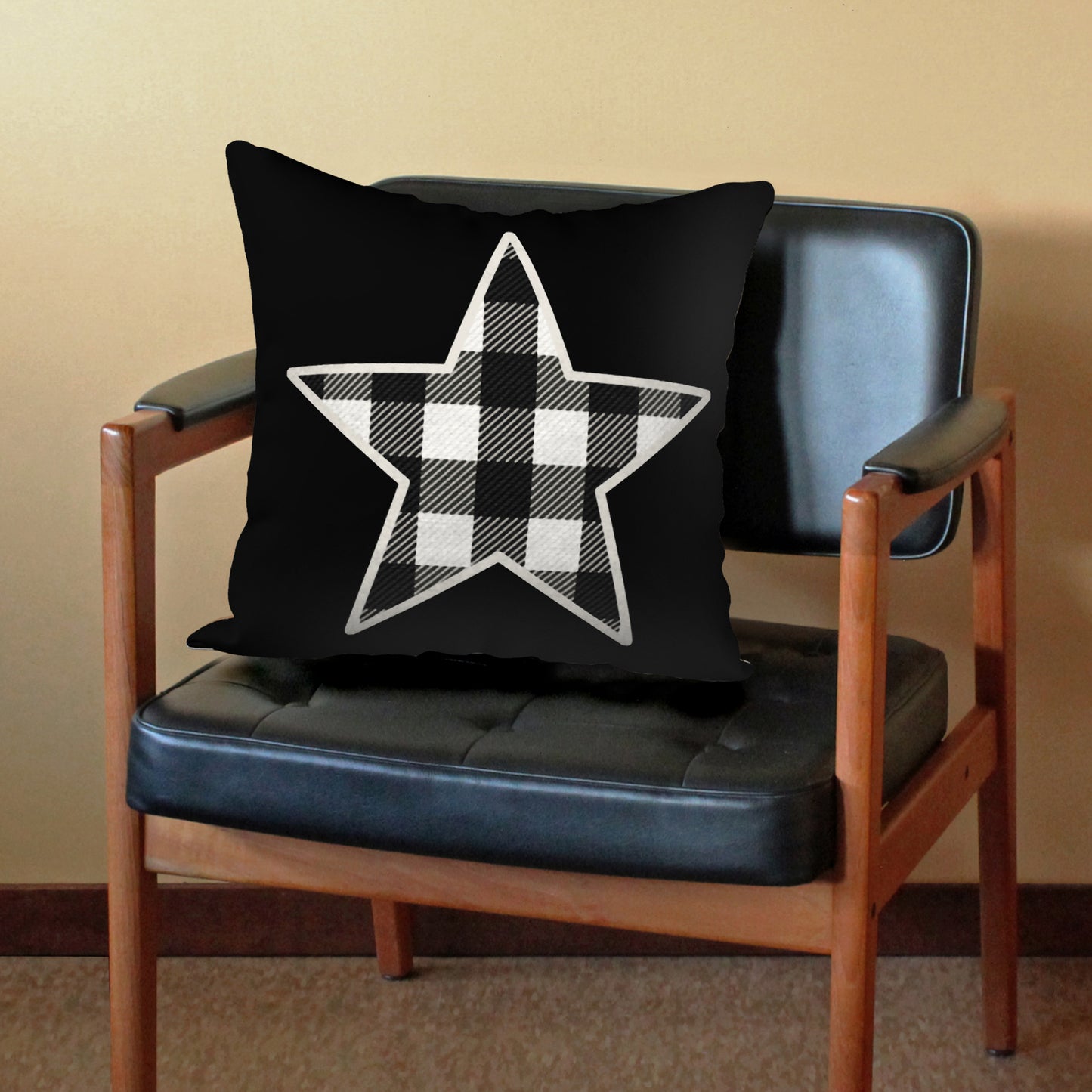 Black & White Buffalo Plaid Star Designer Pillow, 18"x18"