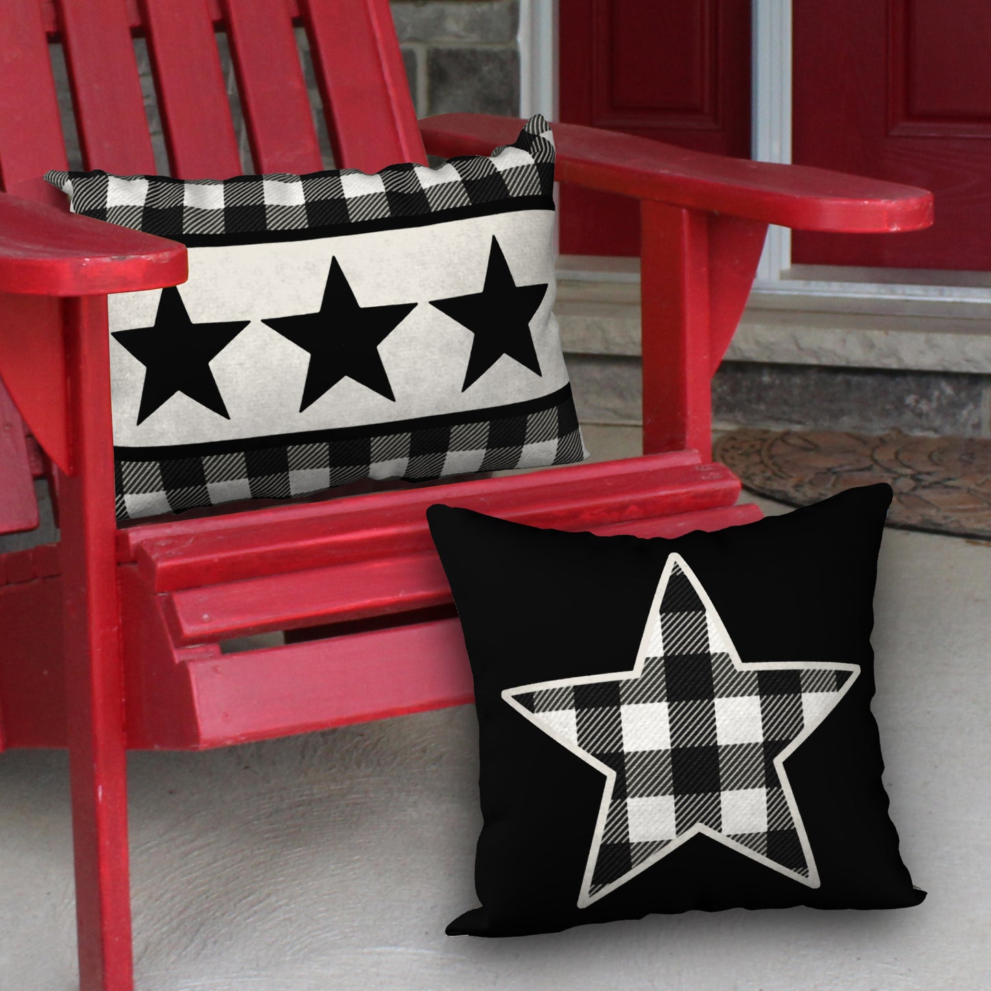 Set of 2 Black & White Buffalo Plaid with Stars Designer Pillows, 20"x14" and 18"x18"