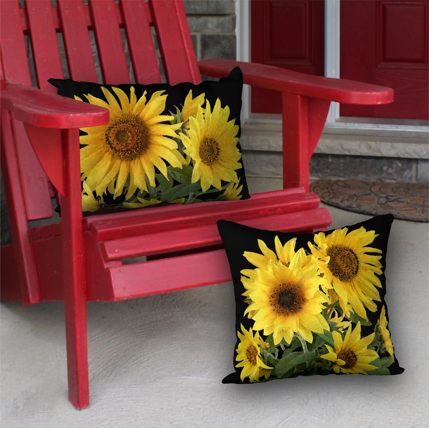 Set of 2 Sunflowers on Black Designer Pillows, 20"x14" and 18"x18"