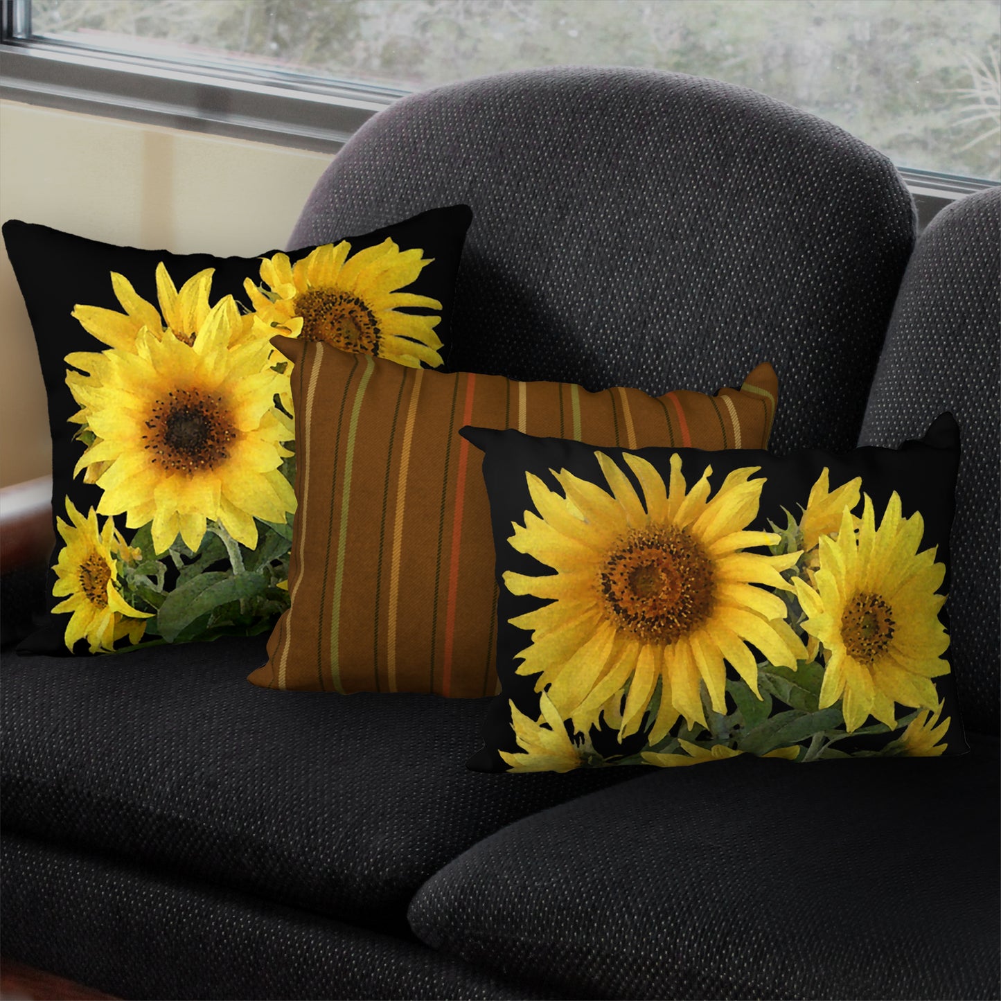 Set of 2 Sunflowers on Black Designer Pillows, 20"x14" and 18"x18"