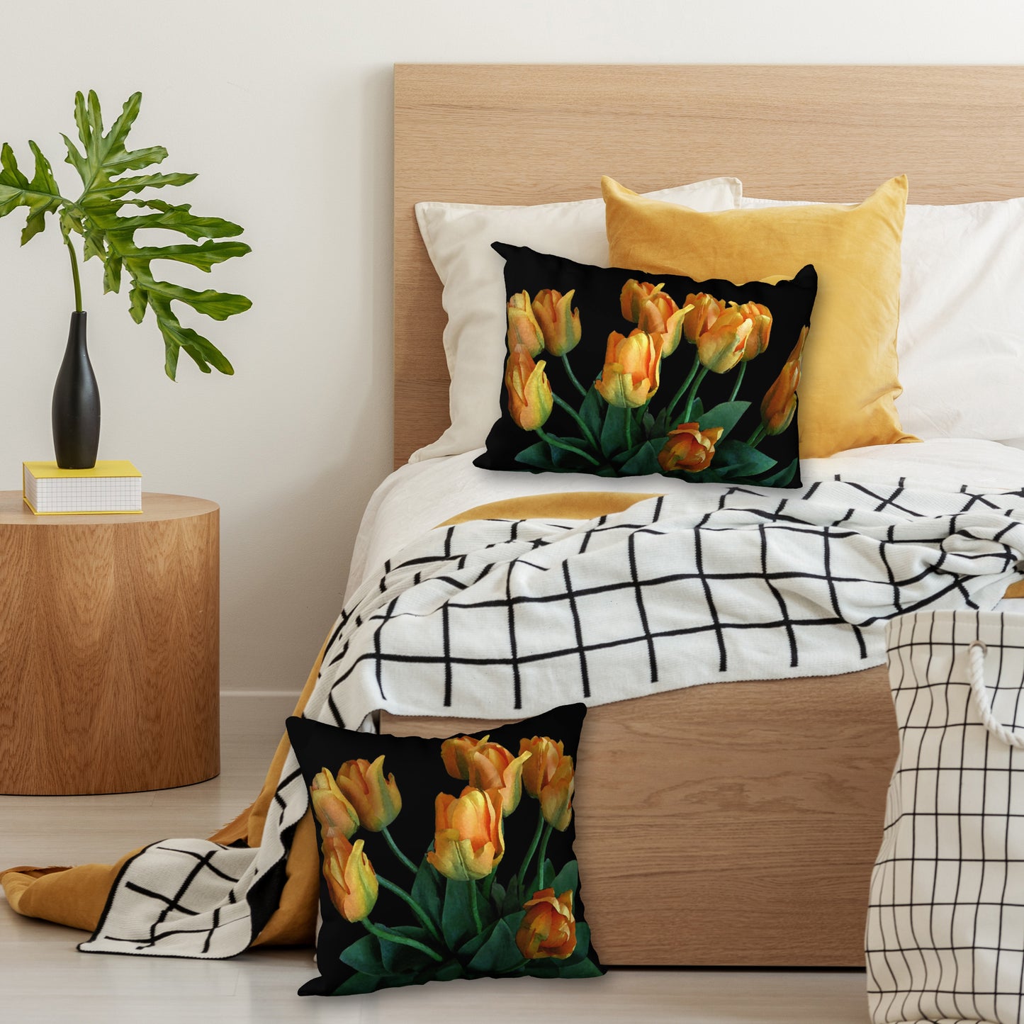 Set of 2 Tulips on Black Designer Pillows, 20"x14" and 18"x18"