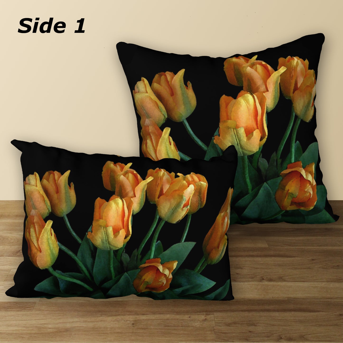 Set of 2 Tulips on Black Designer Pillows, 20"x14" and 18"x18"