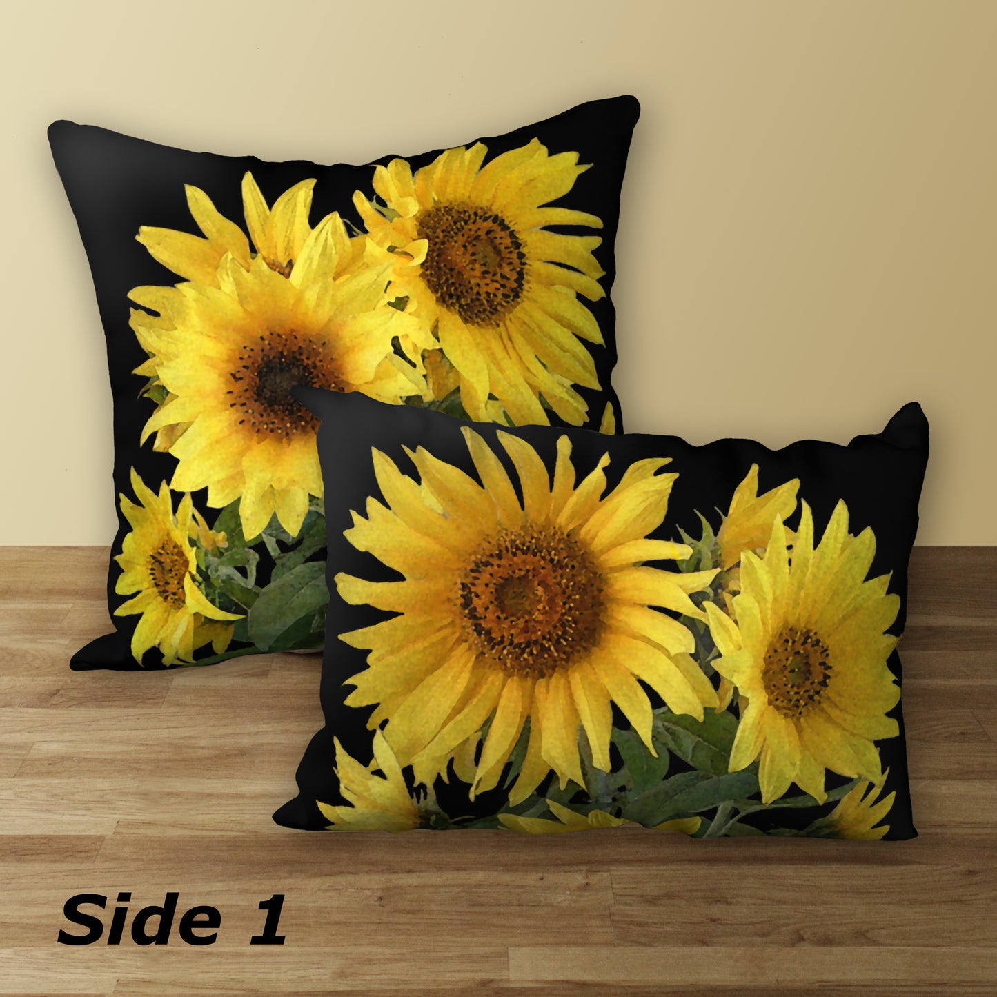 Set of 2 Sunflowers on Black Designer Pillows, 20"x14" and 18"x18"