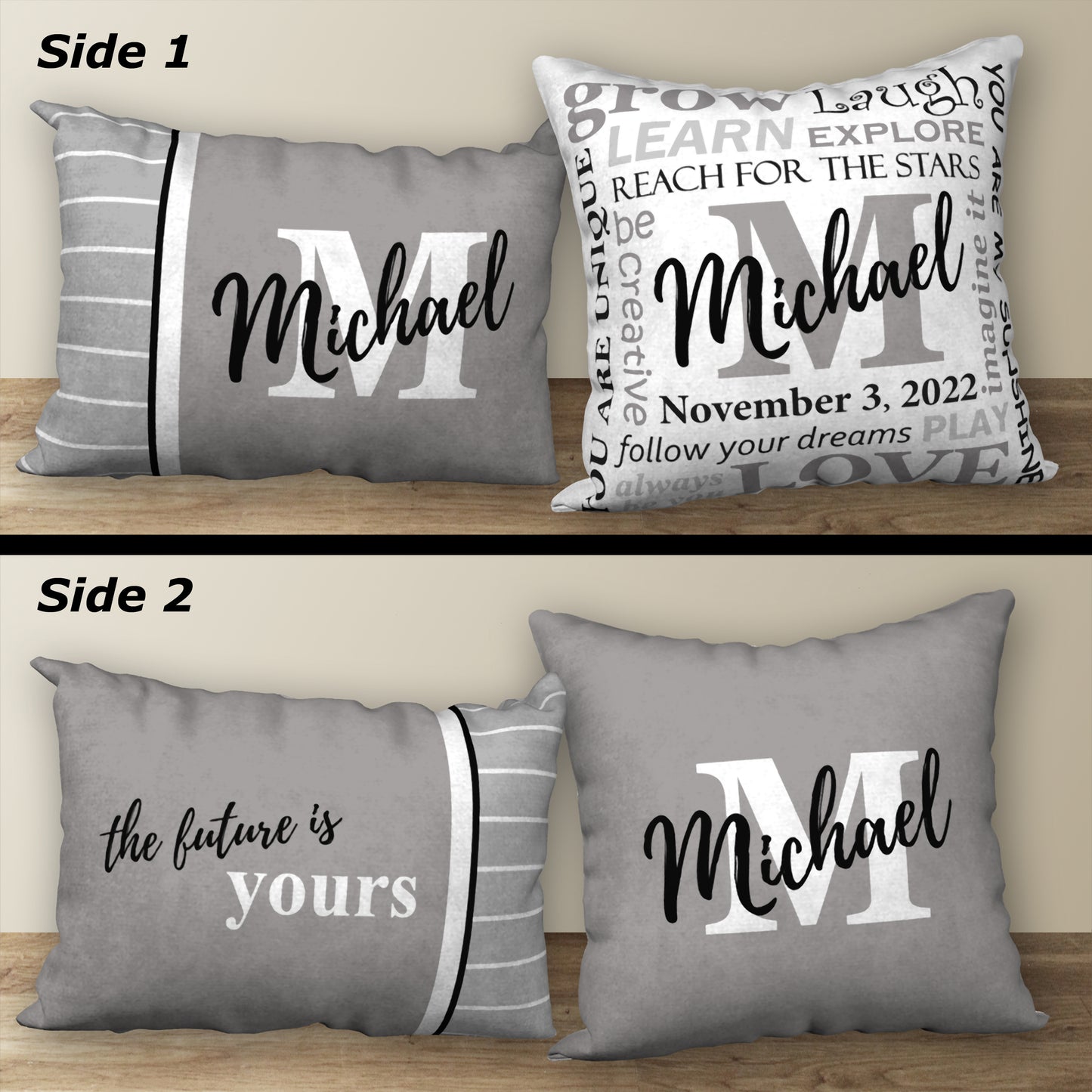 Set of 2 Personalized NAME & BIRTHDAY Pillows, 18"x18" and 20"x14"