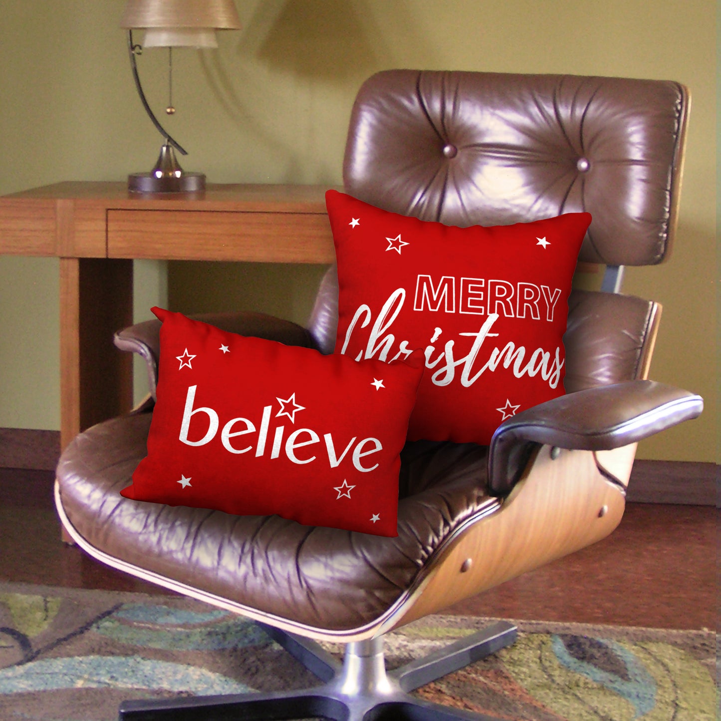 Set of 2 Holiday Designer Pillows BELIEVE and MERRY CHRISTMAS, 20"x14" and 18"x18"