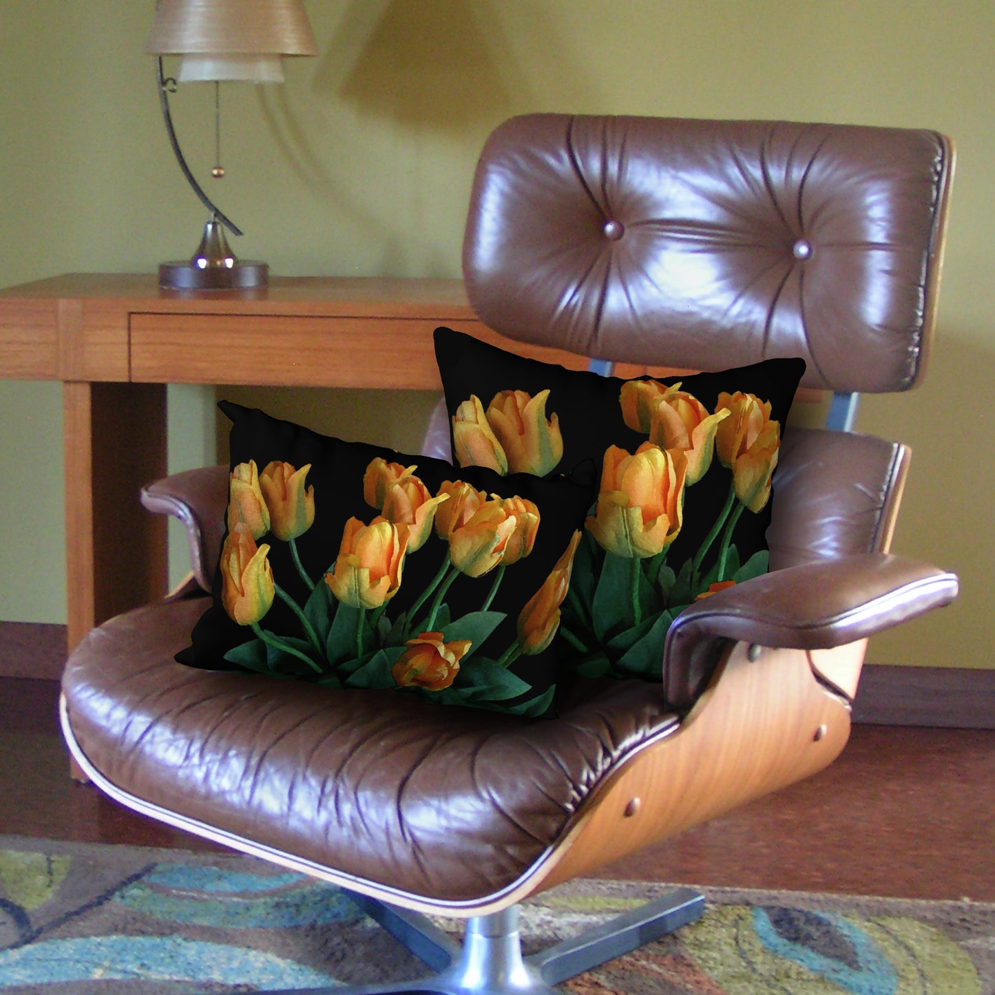 Set of 2 Tulips on Black Designer Pillows, 20"x14" and 18"x18"