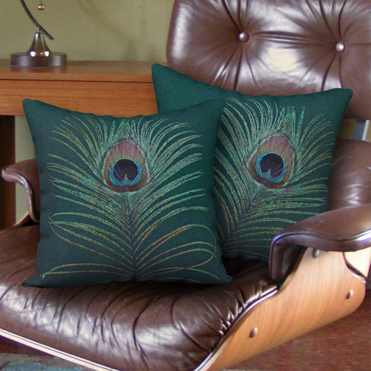 Set of 2 Peacock Feather Designer Pillows, 18"x18"