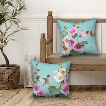 Set of 2 Hummingbird & Hollyhocks Designer Pillows, 18"x18"
