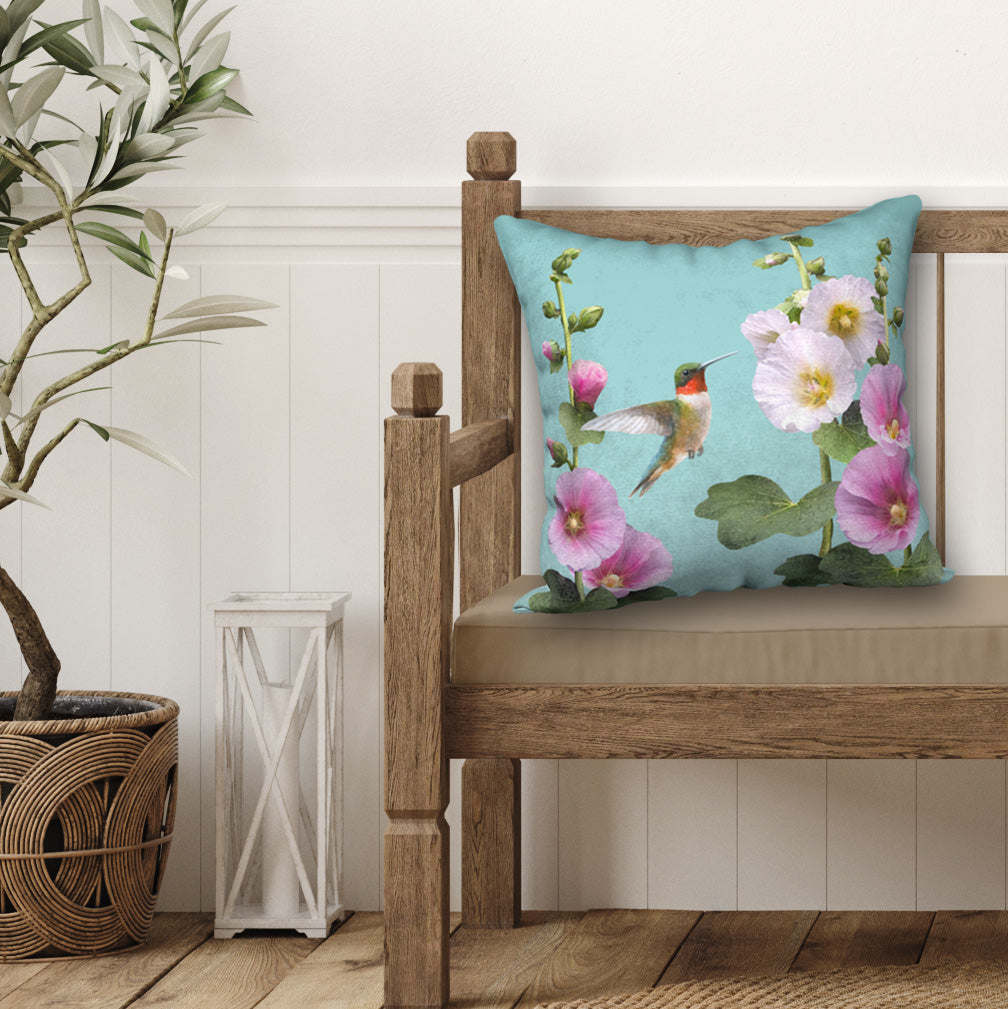 Hummingbirds & Hollyhocks Designer Pillow, 18"x18"