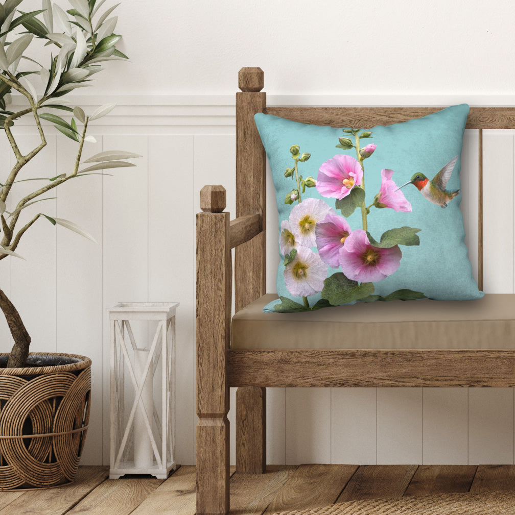 Hummingbirds & Hollyhocks Designer Pillow, 18"x18"