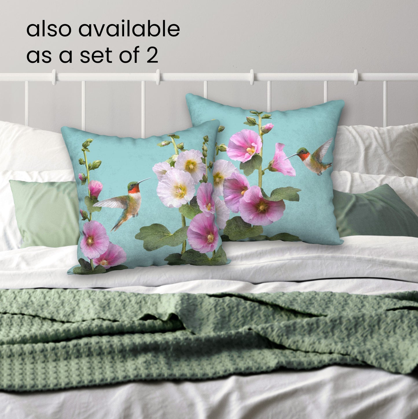Hummingbirds & Hollyhocks Designer Pillow, 18"x18"