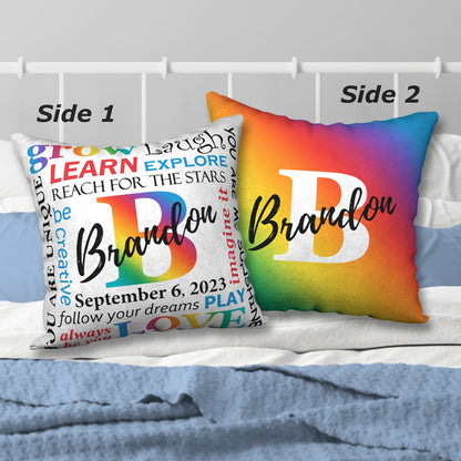 Personalized Primary Rainbow NAME & BIRTHDAY Pillow, 18"x18"