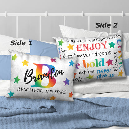 Personalized Primary Rainbow Name Pillow REACH FOR THE STARS, 20"x14"