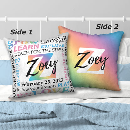 Personalized Pastel Rainbow NAME & BIRTHDAY Pillow, 18"x18"