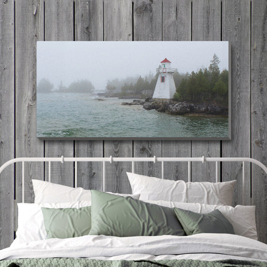 Lighthouse in Fog Panoramic Wrapped Canvas Print