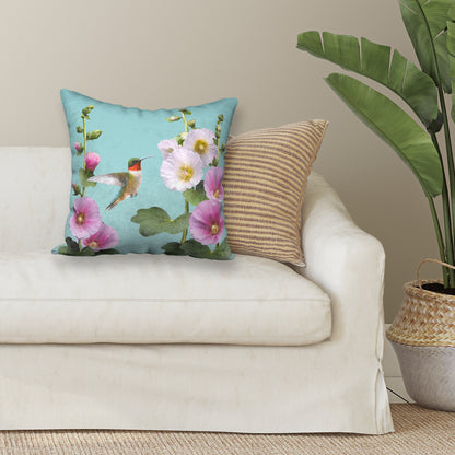 Hummingbirds & Hollyhocks Designer Pillow, 18"x18"