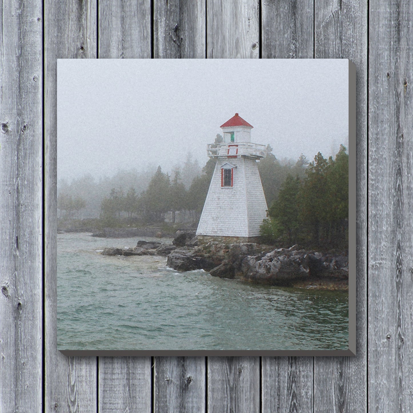 Lighthouse in Fog Wrapped Canvas Print