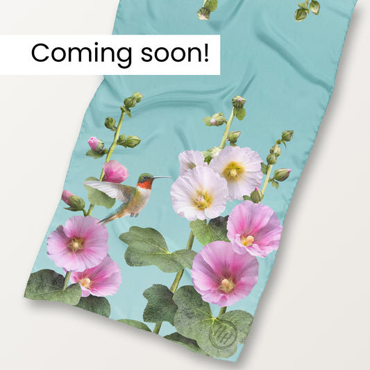 Hummingbirds & Hollyhocks ECO SCARF, 21.5"x55"