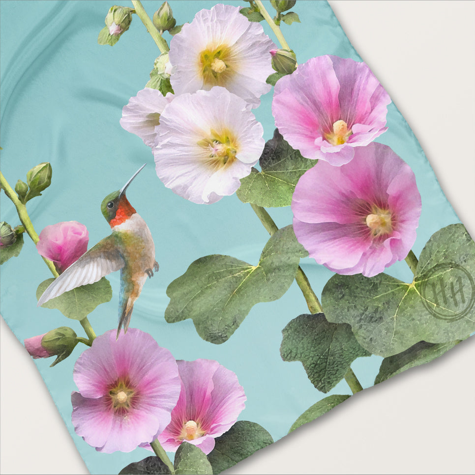 Hummingbirds & Hollyhocks ECO SCARF, 21.5"x55"