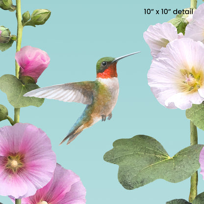 Set of 2 Hummingbird & Hollyhocks Designer Pillows, 18"x18"