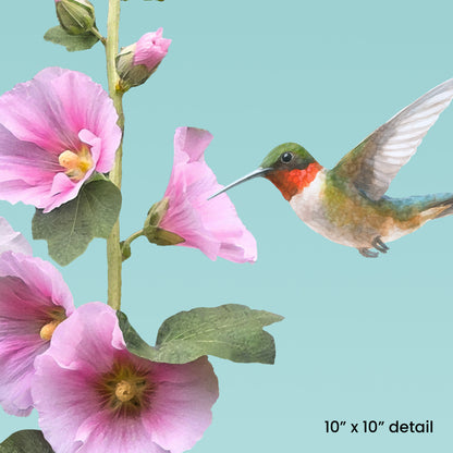 Set of 2 Hummingbird & Hollyhocks Designer Pillows, 18"x18"