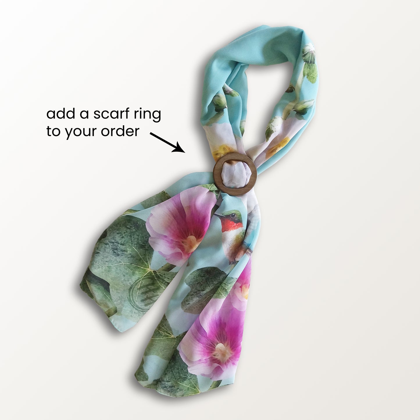 Hummingbirds & Hollyhocks ECO SCARF, 21.5"x55"