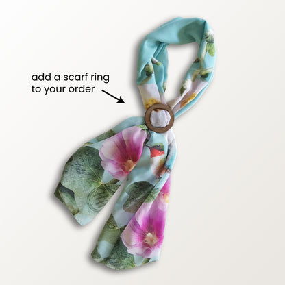 Hummingbirds & Hollyhocks ECO SCARF, 21.5"x55"