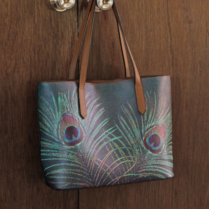 Peacock Feather Vegan Leather Tote Bag