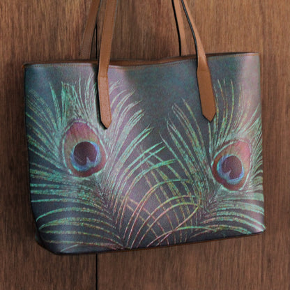 Peacock Feather Vegan Leather Tote Bag