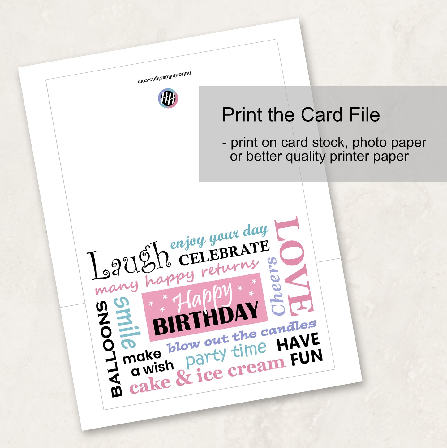 Printable Birthday Card in Pink, Instant Download with Envelope Files