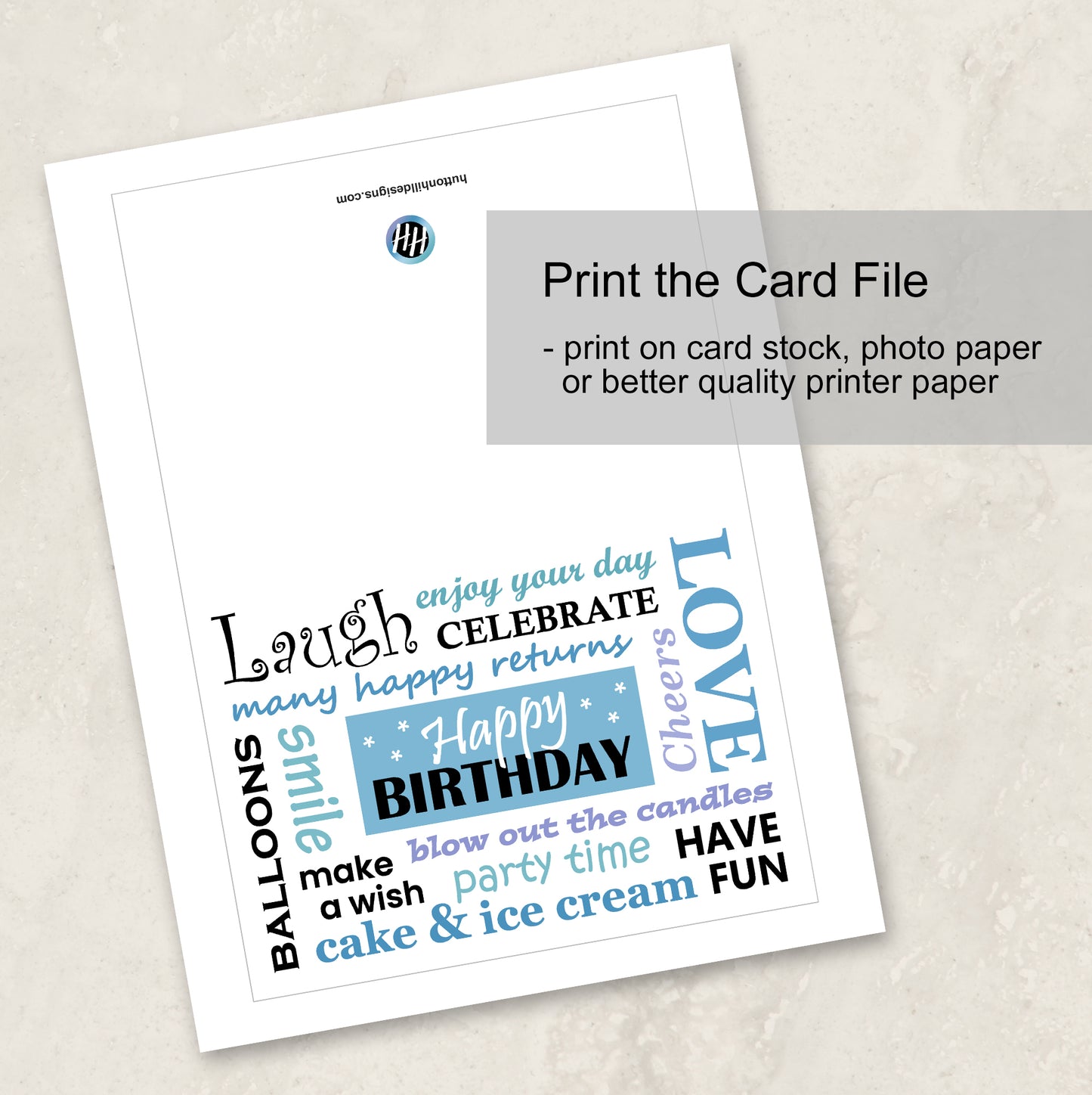 Printable Birthday Card in Blue, Instant Download with Envelope Files