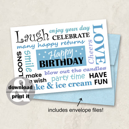 Printable Birthday Card in Blue, Instant Download with Envelope Files