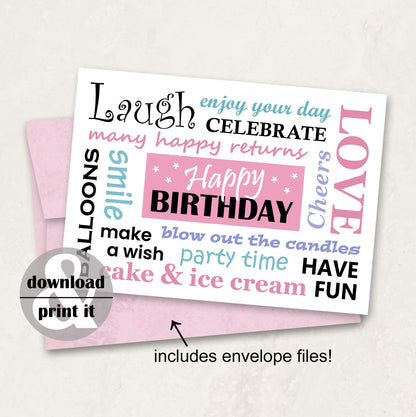 Printable Birthday Card in Pink, Instant Download with Envelope Files